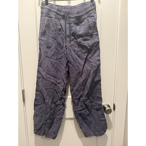 Athleta Cabo Textured Retreat Linen Mid Rise Wide Leg Pants Blue Large Womens 10 - Picture 1 of 5